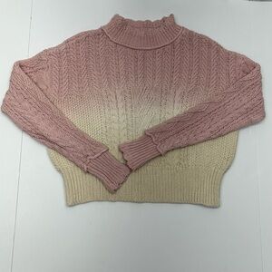 Anthropologie Pink and Cream Mock Neck Cable Knit Sweater XS COTTON